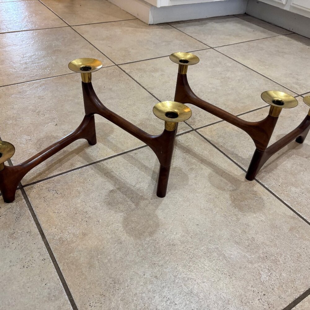 Mid Century Danish Modern Teak and Brass Folding Candleholder - Good Vintage Con